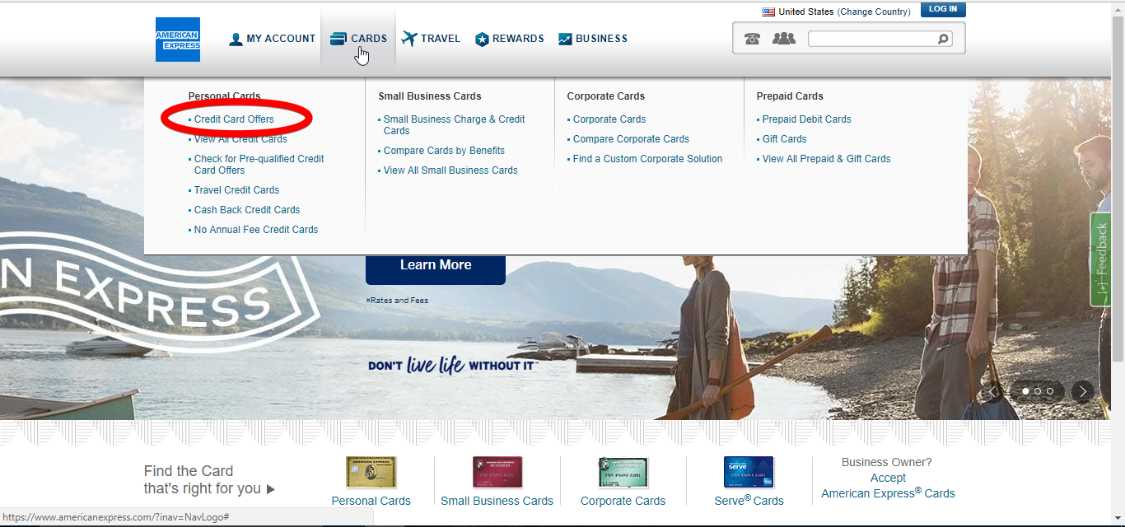 American express website screenshot displaying where users can click to head to credit card application